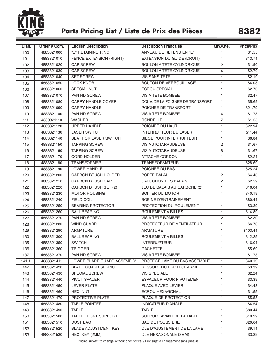 Parts pricing list / liste de prix des pièces | King Canada 8382 User Manual | Page 5 / 6