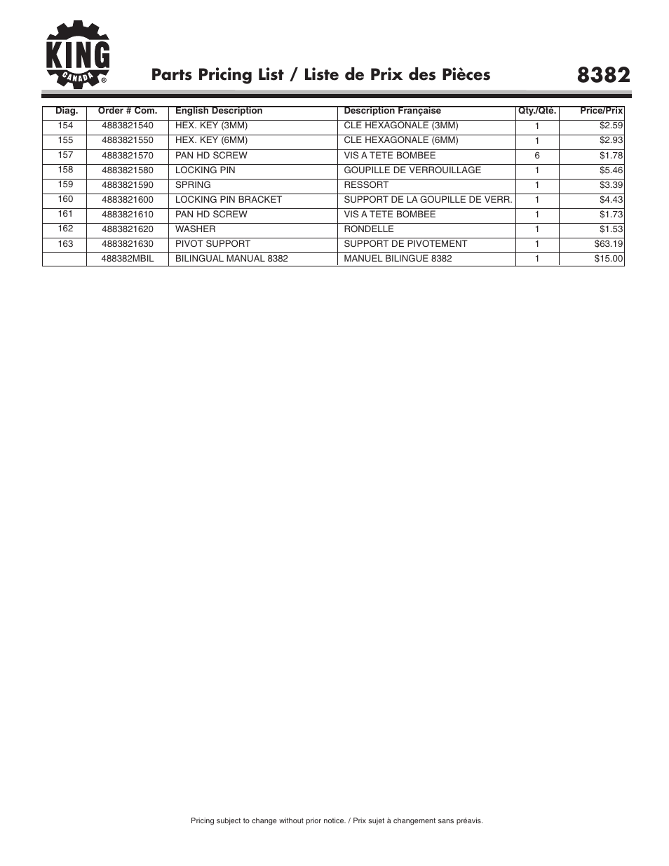 Parts pricing list / liste de prix des pièces | King Canada 8382 User Manual | Page 6 / 6