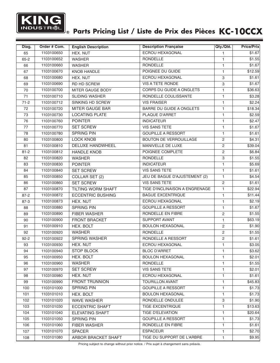 Kc-10ccx, Parts pricing list / liste de prix des pièces | King Canada KC-10CCX User Manual | Page 4 / 6