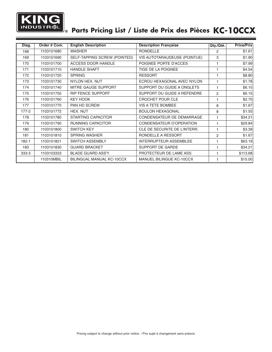 Kc-10ccx, Parts pricing list / liste de prix des pièces | King Canada KC-10CCX User Manual | Page 6 / 6