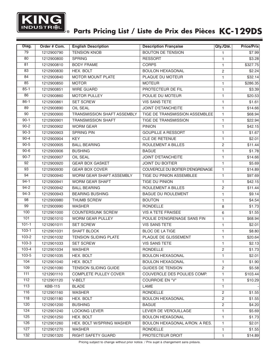Kc-129ds, Parts pricing list / liste de prix des pièces | King Canada KC-129DS User Manual | Page 5 / 7