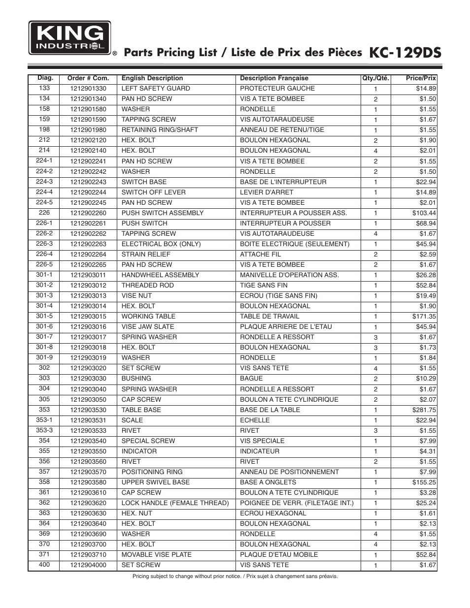 Kc-129ds, Parts pricing list / liste de prix des pièces | King Canada KC-129DS User Manual | Page 6 / 7