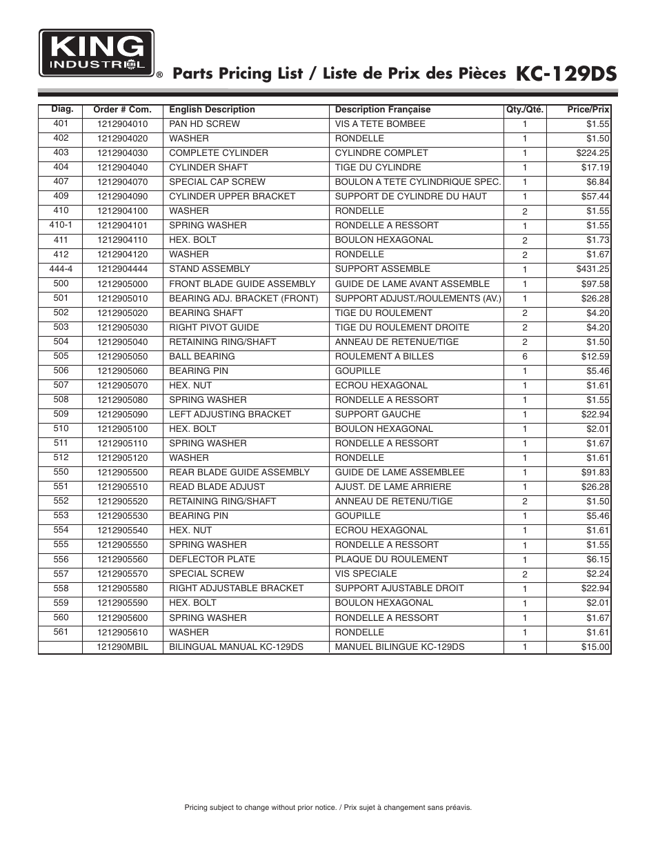 Kc-129ds, Parts pricing list / liste de prix des pièces | King Canada KC-129DS User Manual | Page 7 / 7