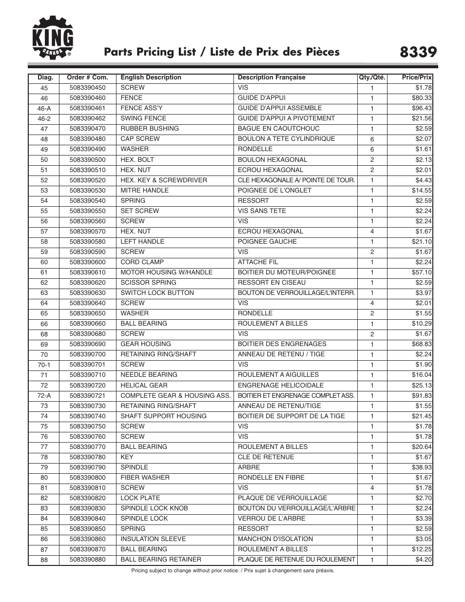 Parts pricing list / liste de prix des pièces | King Canada 8339 User Manual | Page 4 / 5