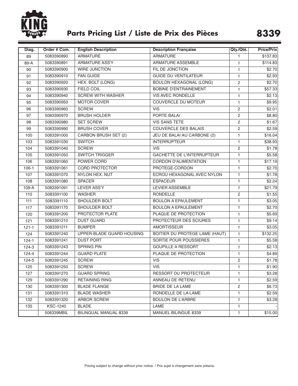 Parts pricing list / liste de prix des pièces | King Canada 8339 User Manual | Page 5 / 5