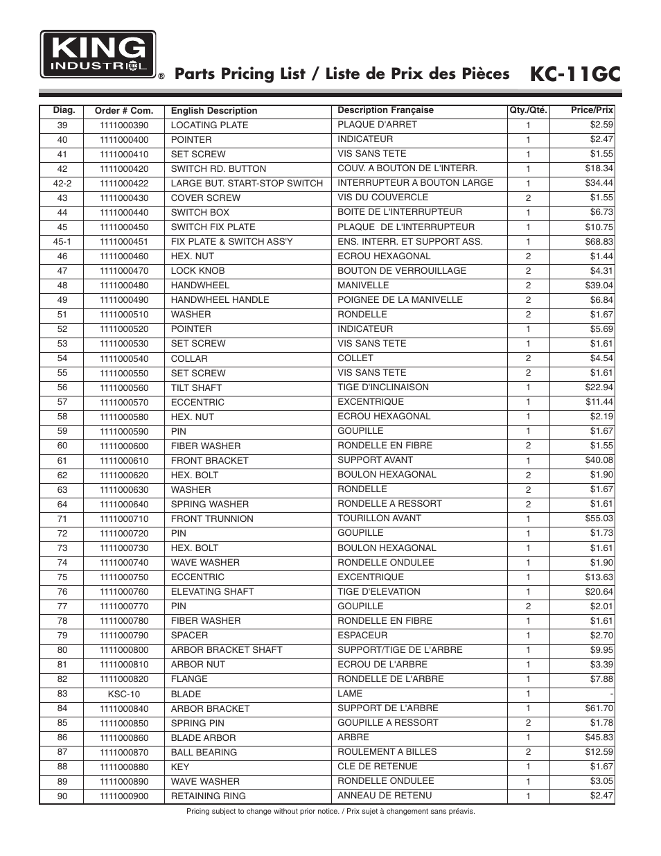 Kc-11gc, Parts pricing list / liste de prix des pièces | King Canada KC-11GC User Manual | Page 5 / 7