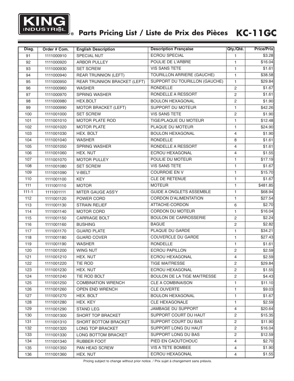 Kc-11gc, Parts pricing list / liste de prix des pièces | King Canada KC-11GC User Manual | Page 6 / 7
