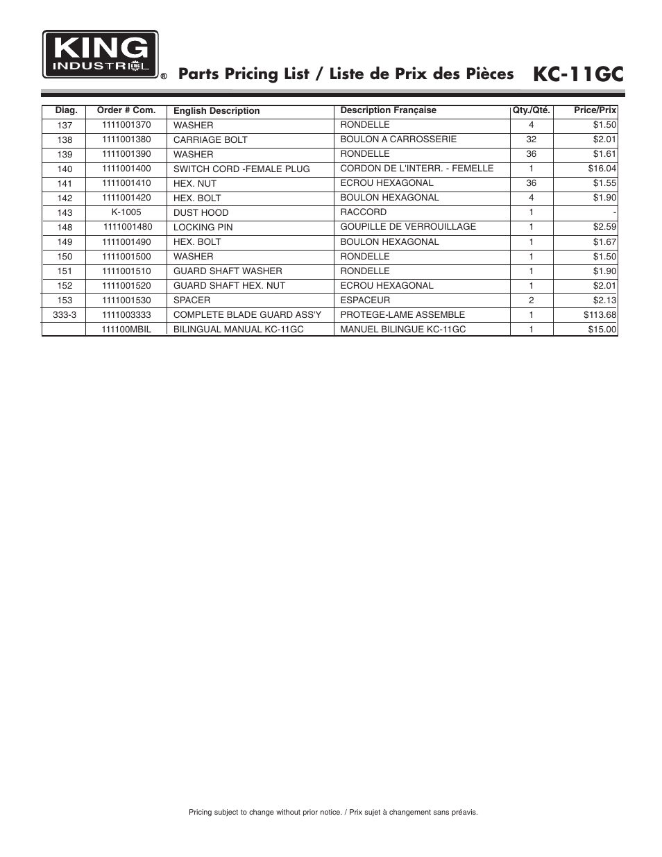 Kc-11gc, Parts pricing list / liste de prix des pièces | King Canada KC-11GC User Manual | Page 7 / 7