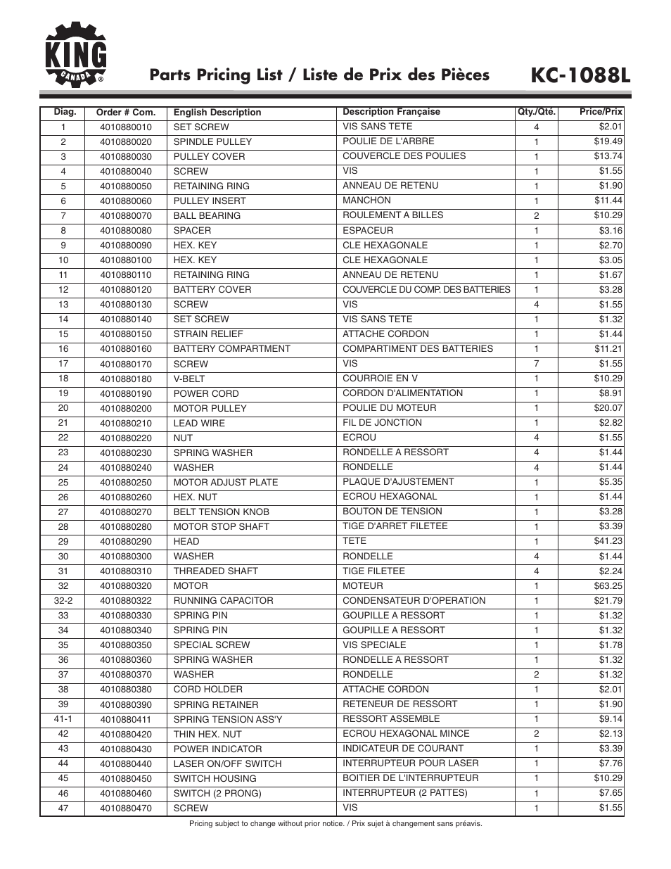 Kc-1088l, Parts pricing list / liste de prix des pièces | King Canada KC-1088L User Manual | Page 2 / 3