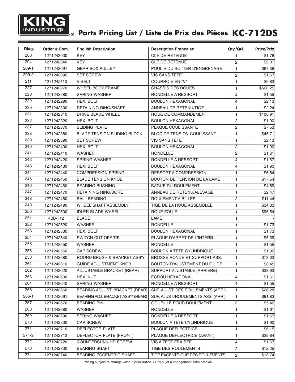 Kc-712ds, Parts pricing list / liste de prix des pièces | King Canada KC-712DS User Manual | Page 5 / 8