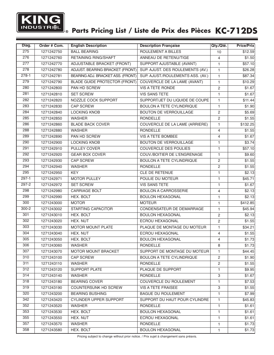 Kc-712ds, Parts pricing list / liste de prix des pièces | King Canada KC-712DS User Manual | Page 6 / 8