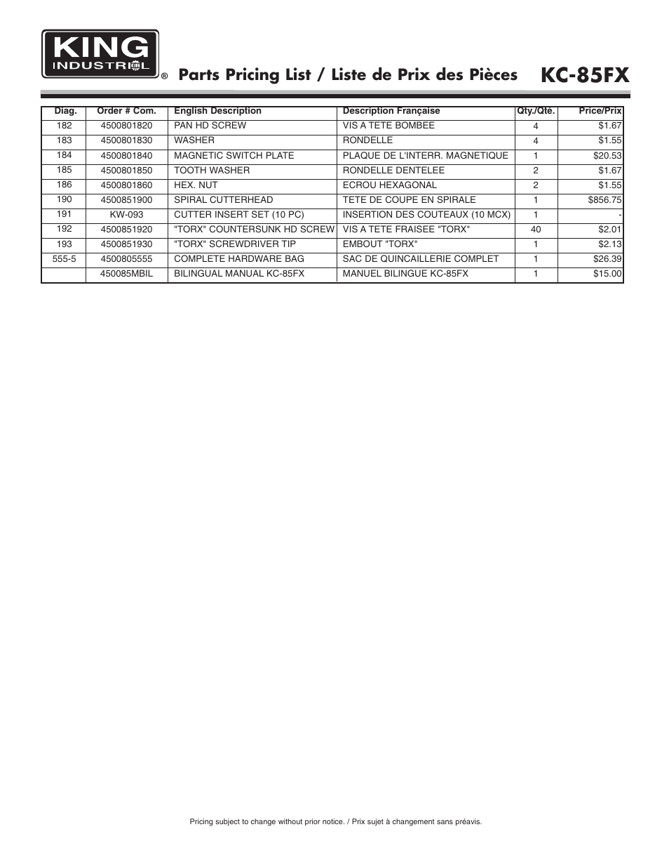Kc-85fx, Parts pricing list / liste de prix des pièces | King Canada 8" Industrial Jointer KC-85FX User Manual | Page 6 / 6