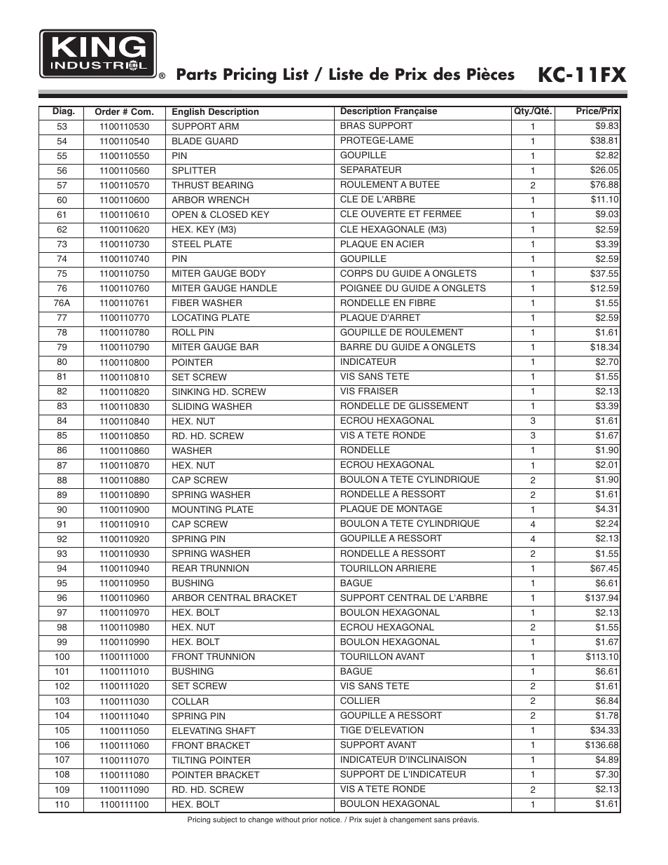 Kc-11fx, Parts pricing list / liste de prix des pièces | King Canada KC-11FX User Manual | Page 4 / 6
