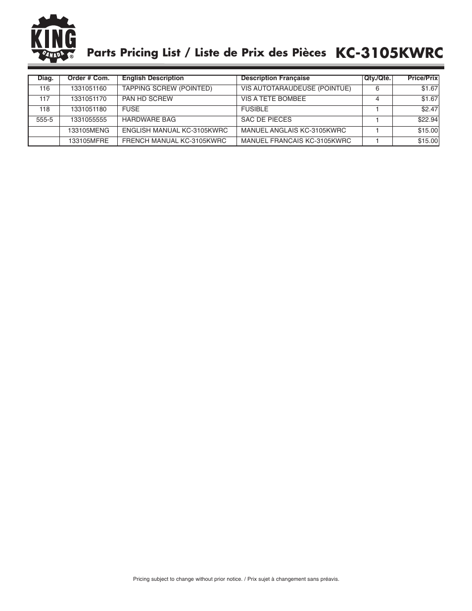 Kc-3105kwrc, Parts pricing list / liste de prix des pièces | King Canada KC-3105KWRC User Manual | Page 4 / 4