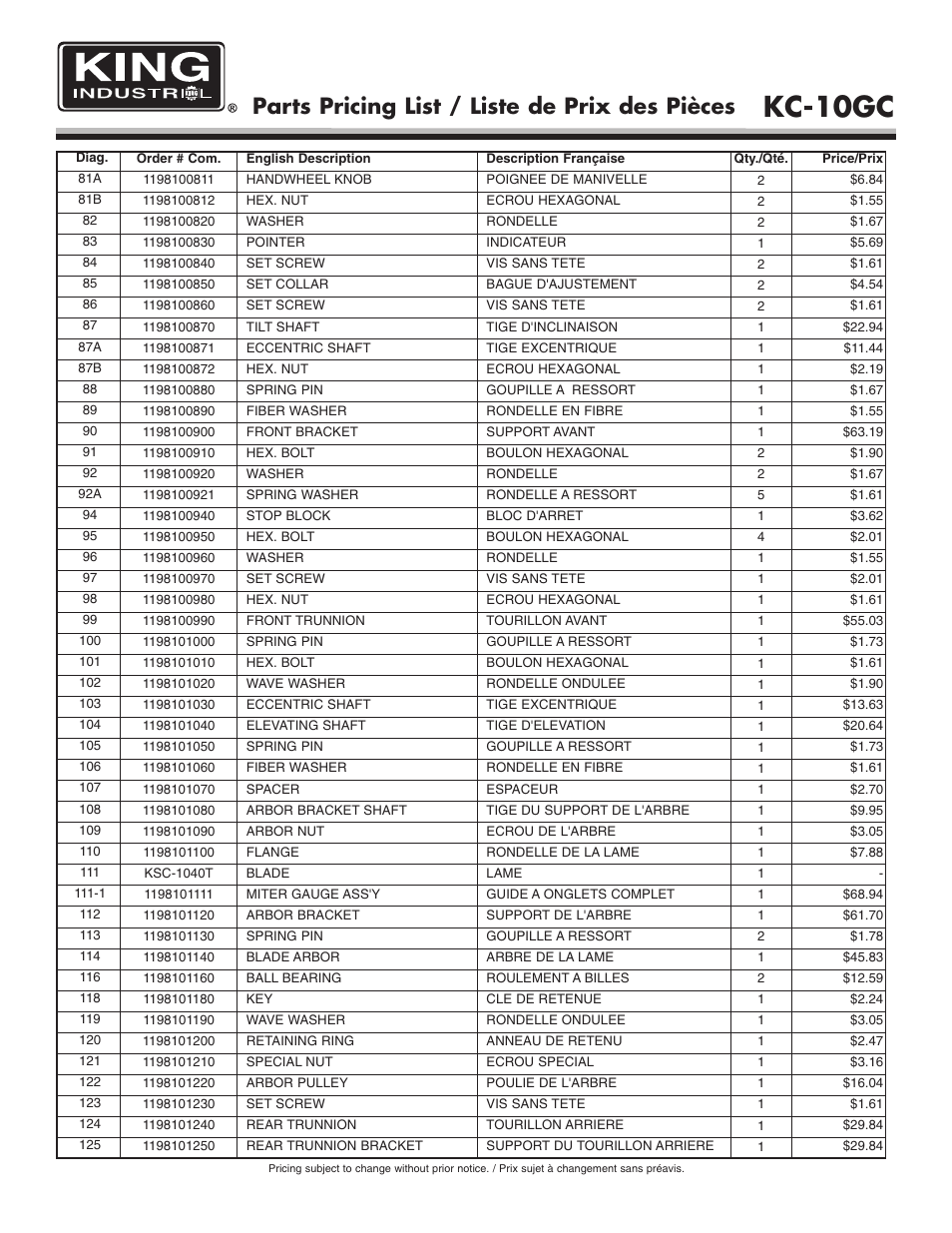 Kc-10gc, Parts pricing list / liste de prix des pièces | King Canada KC-10GC User Manual | Page 6 / 8