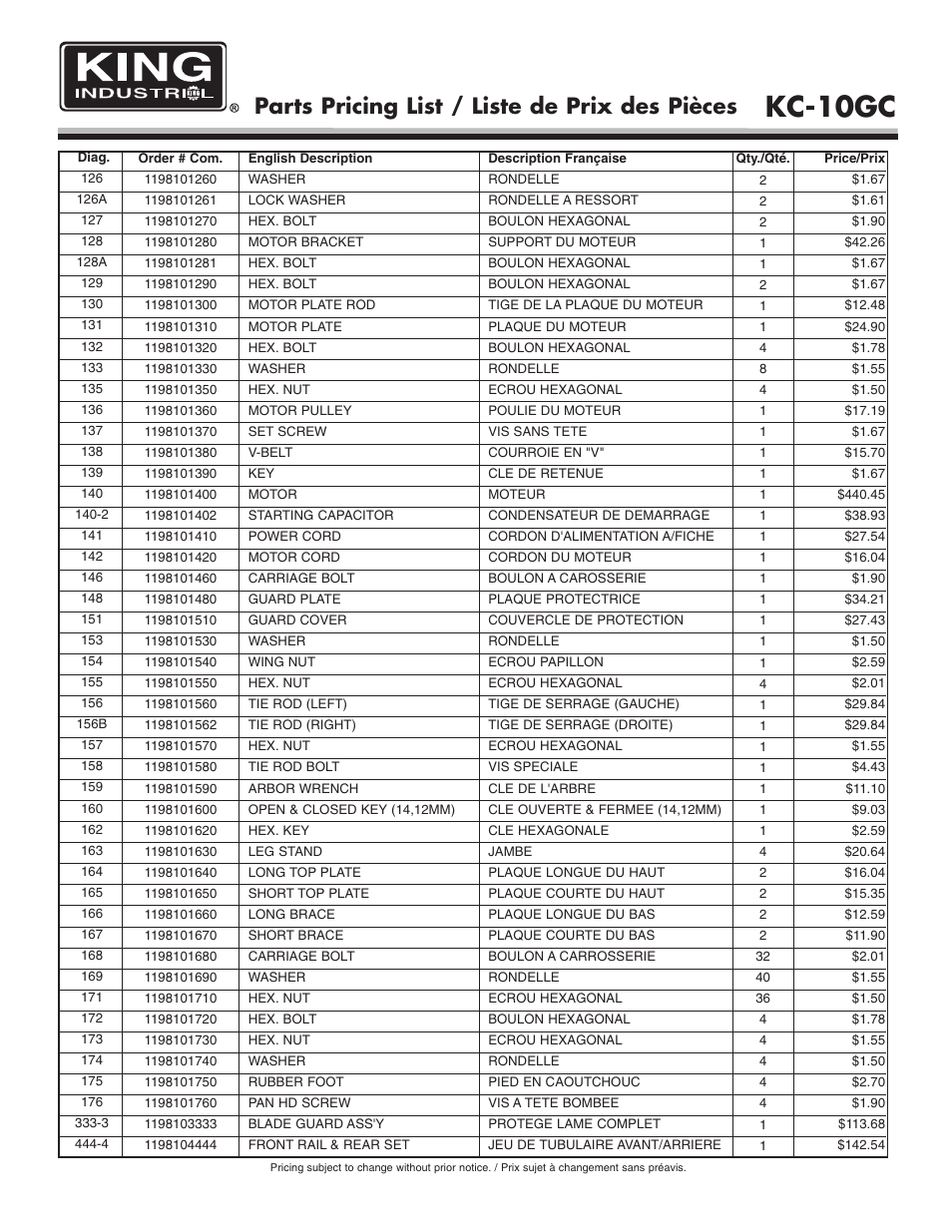 Kc-10gc, Parts pricing list / liste de prix des pièces | King Canada KC-10GC User Manual | Page 7 / 8