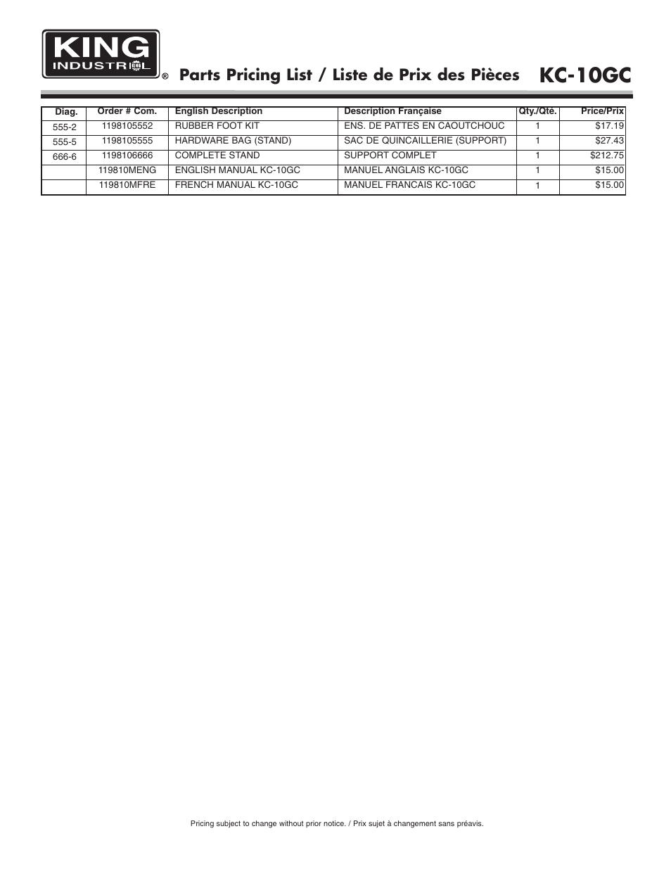 Kc-10gc, Parts pricing list / liste de prix des pièces | King Canada KC-10GC User Manual | Page 8 / 8