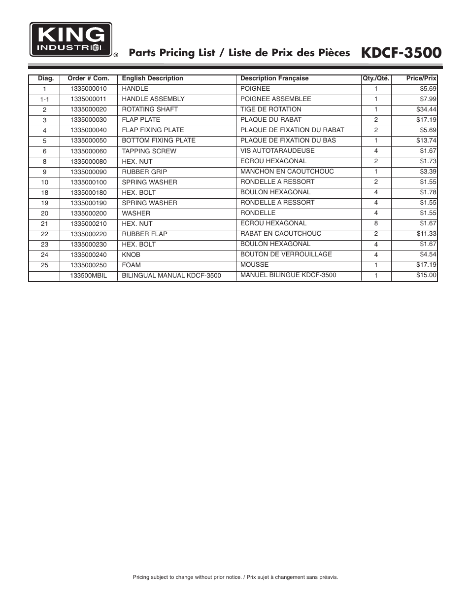 Kdcf-3500, Parts pricing list / liste de prix des pièces | King Canada 1 Micron Canister Filter KDCF-3500 User Manual | Page 2 / 2