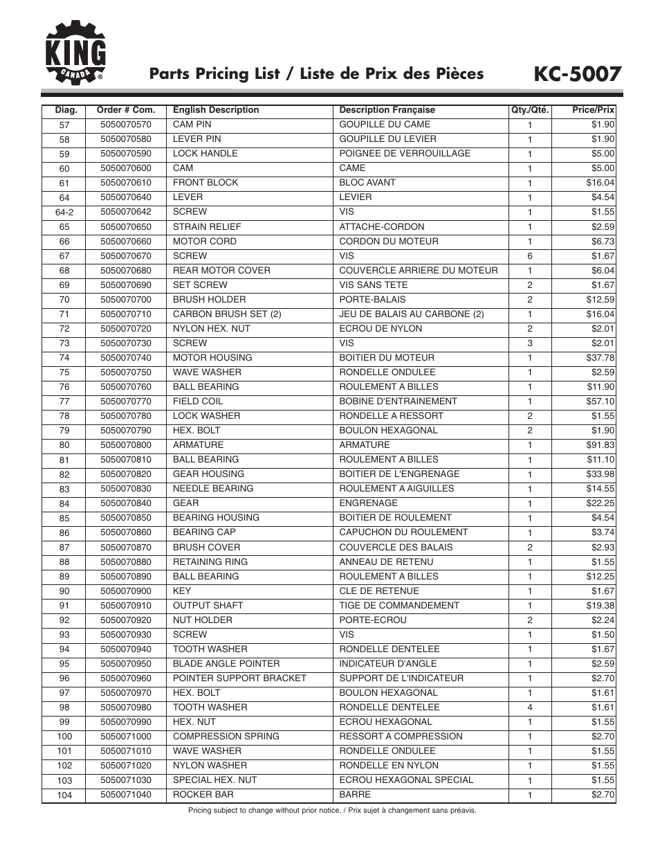 Kc-5007, Parts pricing list / liste de prix des pièces | King Canada KC-5007 User Manual | Page 4 / 5