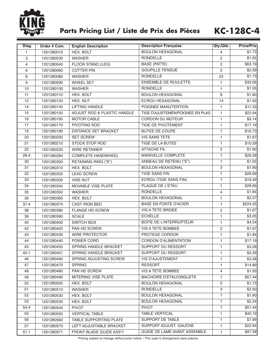 Kc-128c-4, Parts pricing list / liste de prix des pièces | King Canada KC-128C-4 User Manual | Page 4 / 6