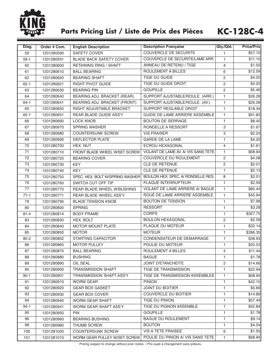 Kc-128c-4, Parts pricing list / liste de prix des pièces | King Canada KC-128C-4 User Manual | Page 5 / 6