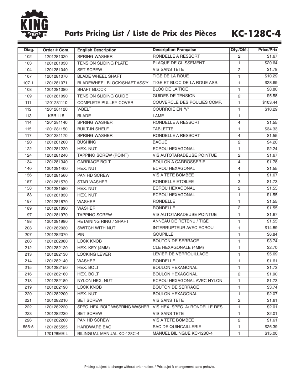 Kc-128c-4, Parts pricing list / liste de prix des pièces | King Canada KC-128C-4 User Manual | Page 6 / 6