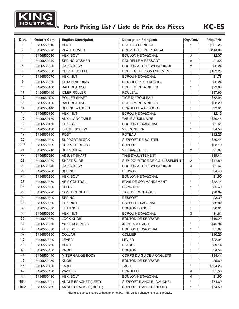 Kc-es, Parts pricing list / liste de prix des pièces | King Canada KC-ES User Manual | Page 2 / 3