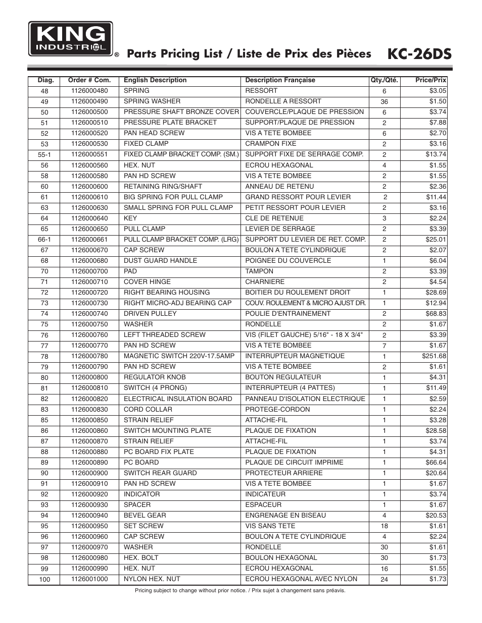 Kc-26ds, Parts pricing list / liste de prix des pièces | King Canada KC-26DS User Manual | Page 7 / 9