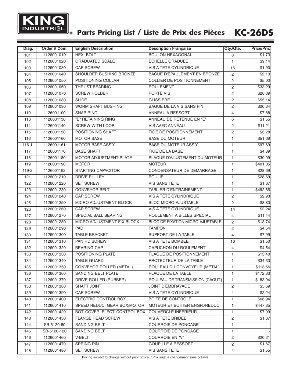 Kc-26ds, Parts pricing list / liste de prix des pièces | King Canada KC-26DS User Manual | Page 8 / 9