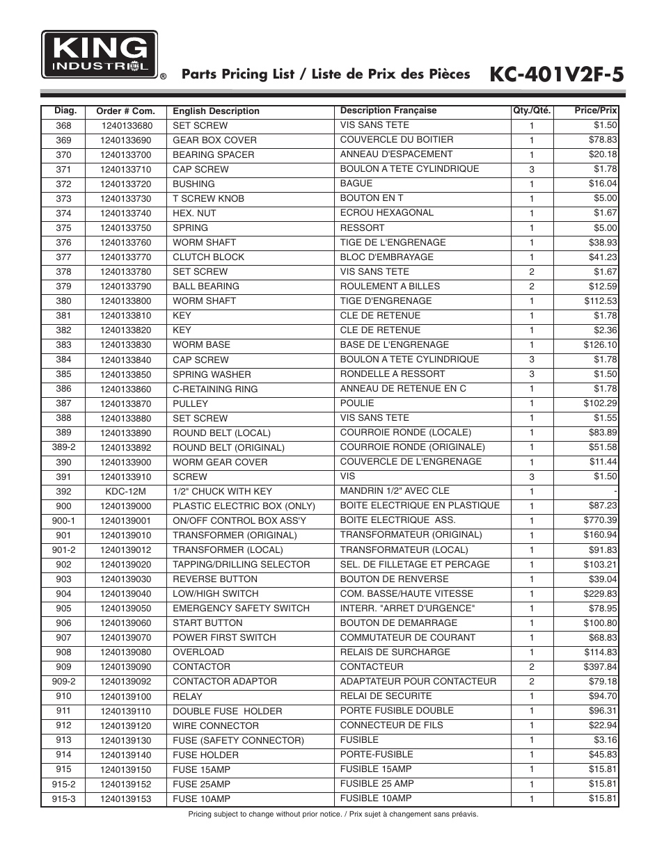 Parts pricing list / liste de prix des pièces | King Canada KC-401V2F-5 User Manual | Page 10 / 11
