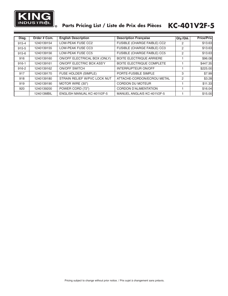 Parts pricing list / liste de prix des pièces | King Canada KC-401V2F-5 User Manual | Page 11 / 11