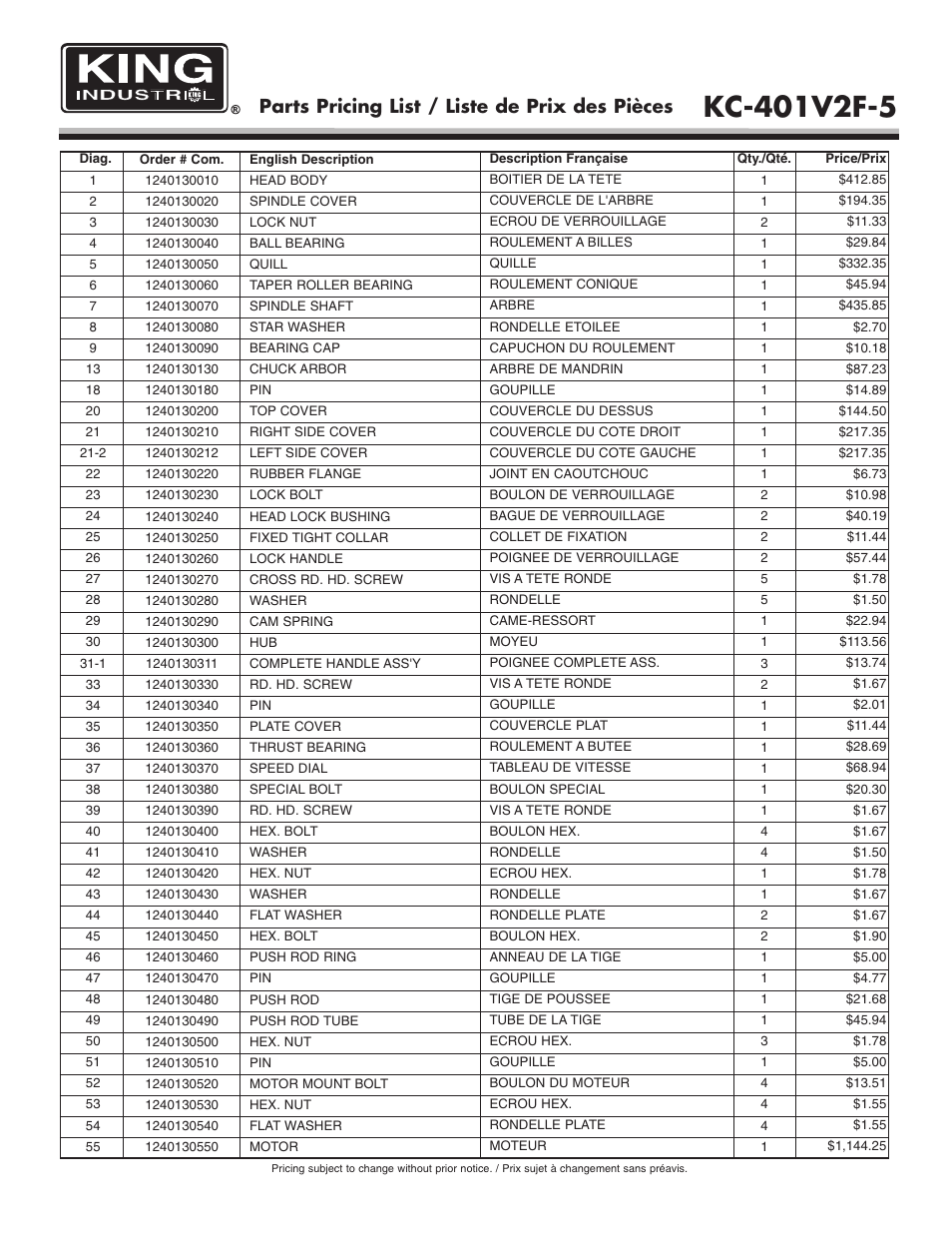 Parts pricing list / liste de prix des pièces | King Canada KC-401V2F-5 User Manual | Page 5 / 11