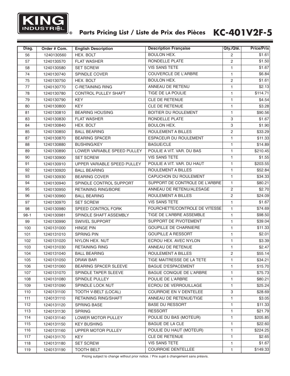 Parts pricing list / liste de prix des pièces | King Canada KC-401V2F-5 User Manual | Page 6 / 11