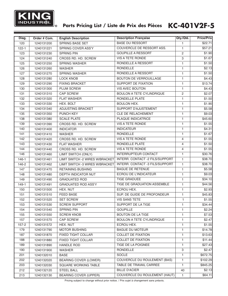 Parts pricing list / liste de prix des pièces | King Canada KC-401V2F-5 User Manual | Page 7 / 11