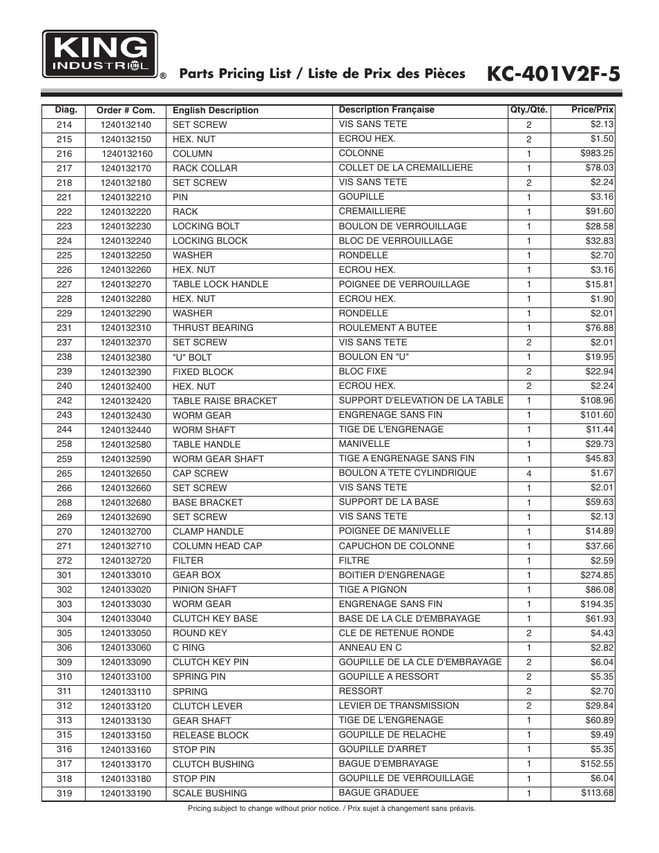 Parts pricing list / liste de prix des pièces | King Canada KC-401V2F-5 User Manual | Page 8 / 11