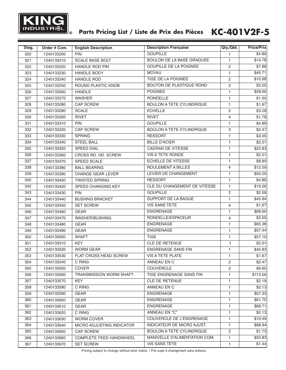 Parts pricing list / liste de prix des pièces | King Canada KC-401V2F-5 User Manual | Page 9 / 11