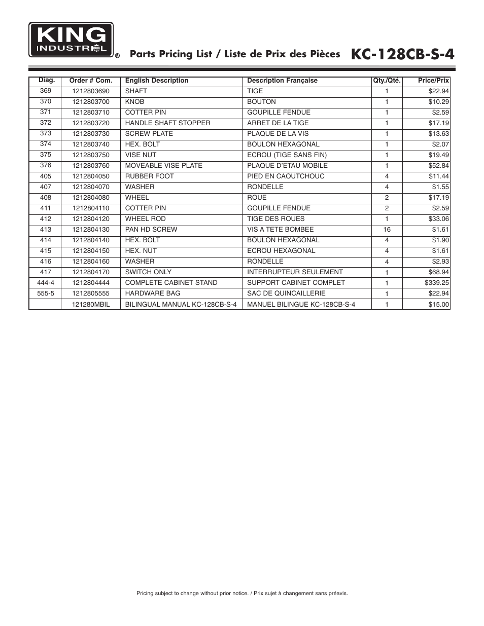 Kc-128cb-s-4, Parts pricing list / liste de prix des pièces | King Canada KC-128CB-S-4 User Manual | Page 7 / 7