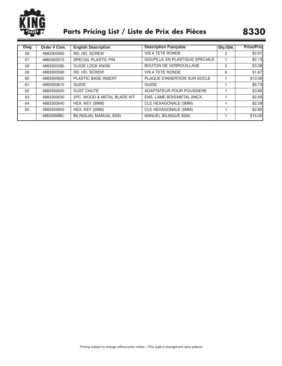 Parts pricing list / liste de prix des pièces | King Canada 8330 User Manual | Page 3 / 3