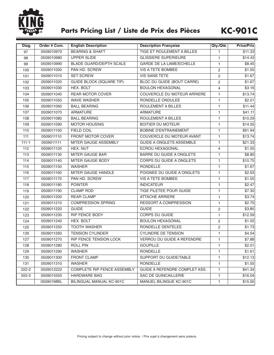 Kc-901c, Parts pricing list / liste de prix des pièces | King Canada KC-901C User Manual | Page 5 / 5