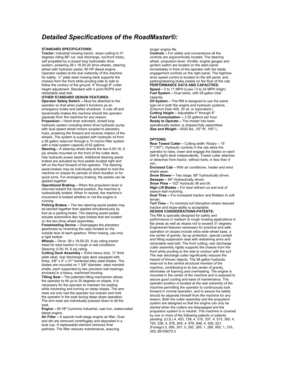 Detailed specifications of the roadmaster | Kut-Kwick RoadMaster RM80-88D User Manual | Page 4 / 4