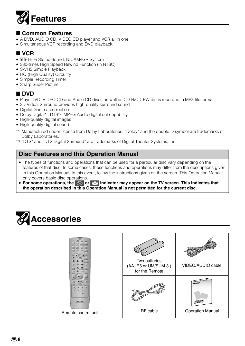 Features, Accessories, Disc features and this operation manual | Common features, Hi-fi stereo sound, nicam/igr system, Times high speed rewind function (in ntsc), S-vhs simple playback, Hq (high quality) circuitry, Simple recording timer, Sharp super picture | Sharp DV-NC70(RU) User Manual | Page 10 / 104