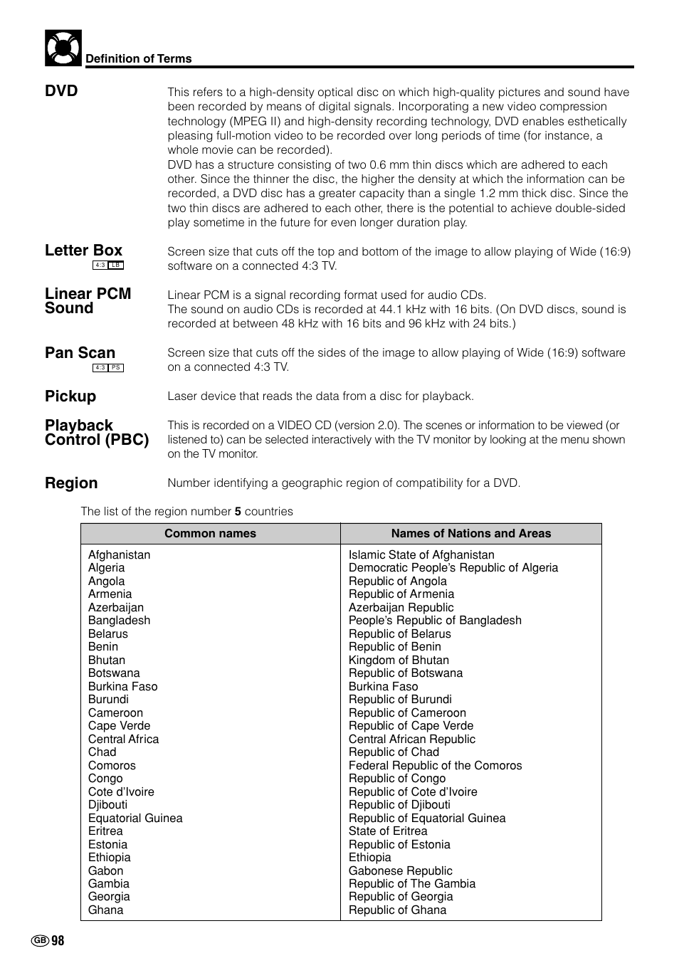 Dvd letter box, Linear pcm sound pan scan, Pickup playback control (pbc) region | Sharp DV-NC70(RU) User Manual | Page 100 / 104