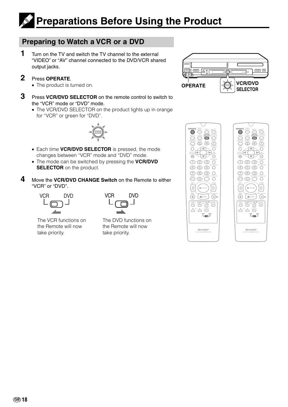 Preparations before using the product, Preparing to watch a vcr or a dvd, Vcr dvd vcr dvd | Press operate . • the product is turned on, Av 2 in video l(mono)-audio-r, Timer vcr dvd | Sharp DV-NC70(RU) User Manual | Page 20 / 104