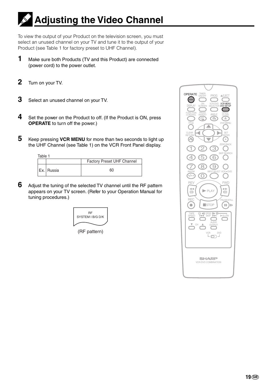 Adjusting the video channel, Turn on your tv, Select an unused channel on your tv | Rf pattern) | Sharp DV-NC70(RU) User Manual | Page 21 / 104