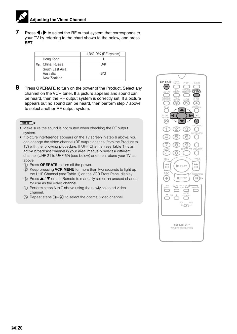 Adjusting the video channel | Sharp DV-NC70(RU) User Manual | Page 22 / 104