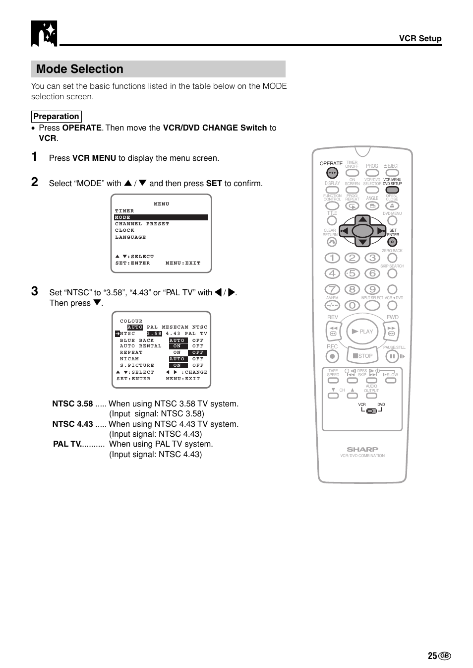 Mode selection, Vcr setup, Press vcr menu to display the menu screen | Sharp DV-NC70(RU) User Manual | Page 27 / 104