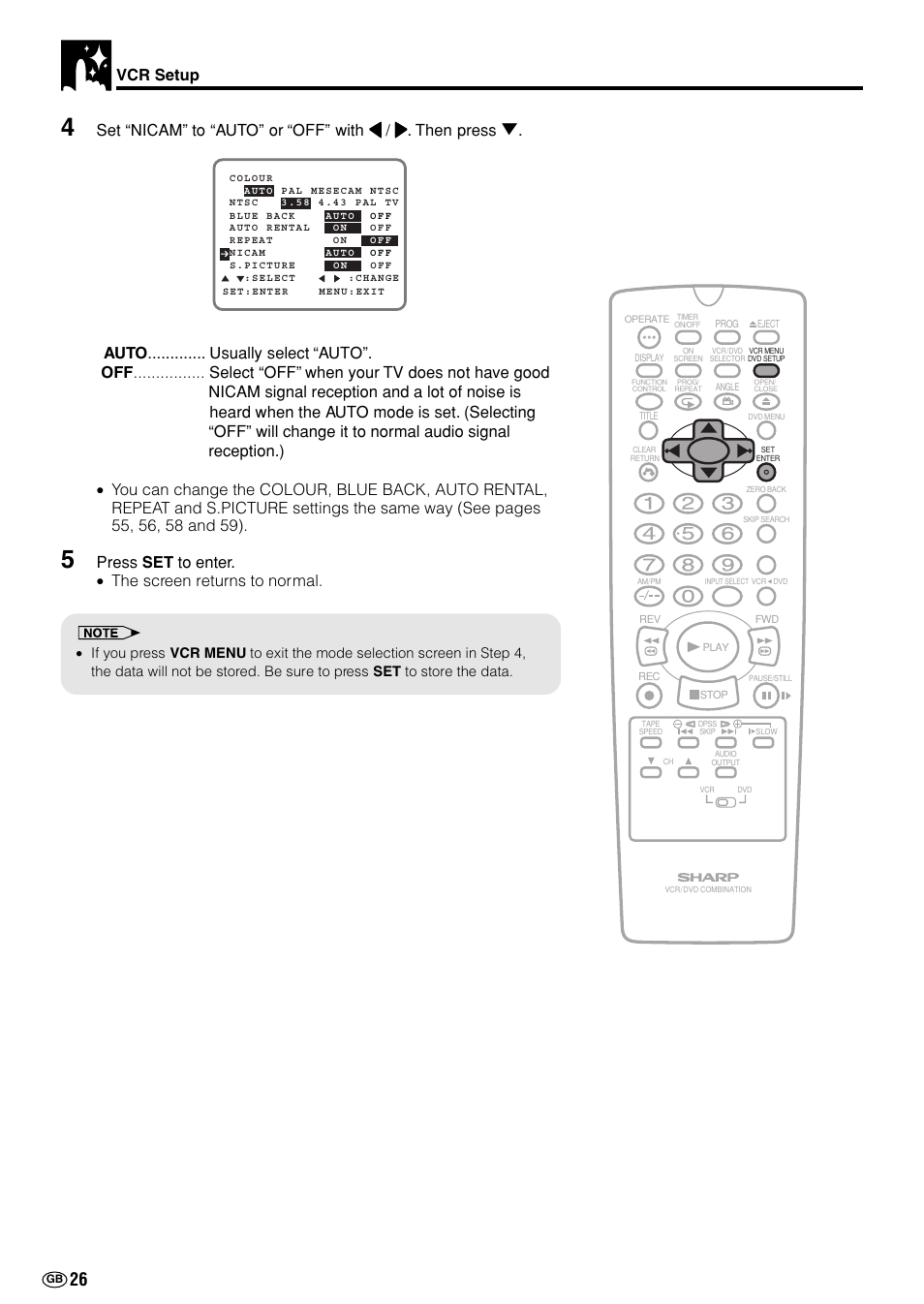 Vcr setup, Press set to enter. • the screen returns to normal | Sharp DV-NC70(RU) User Manual | Page 28 / 104