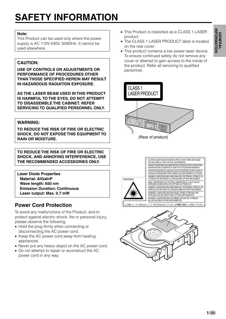 Safety information, Power cord protection, Class 1 laser product | Sharp DV-NC70(RU) User Manual | Page 3 / 104