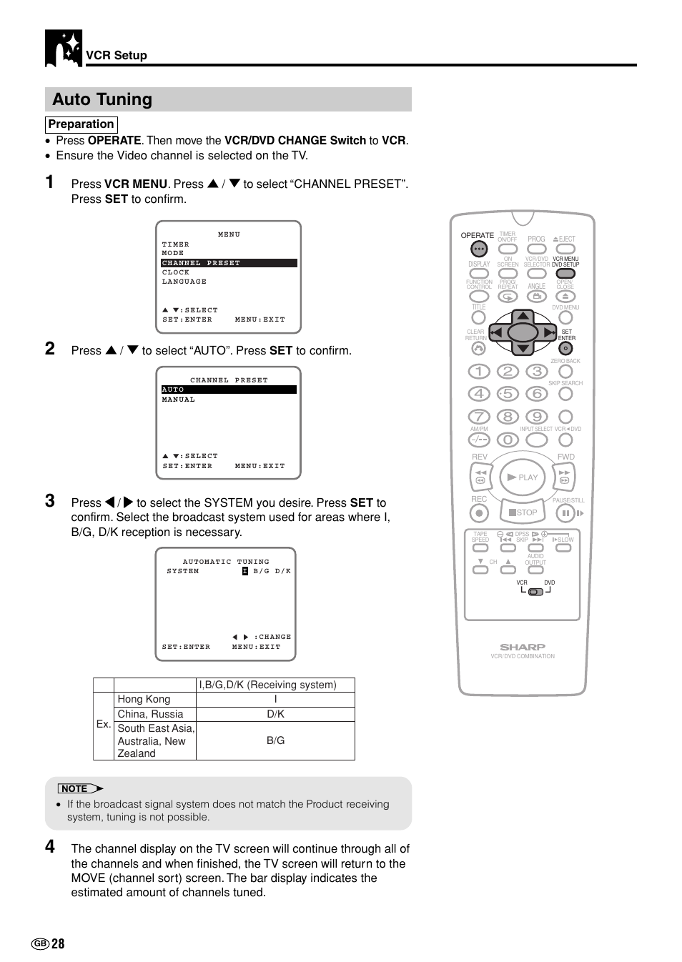 Auto tuning, Vcr setup, Press ' / 