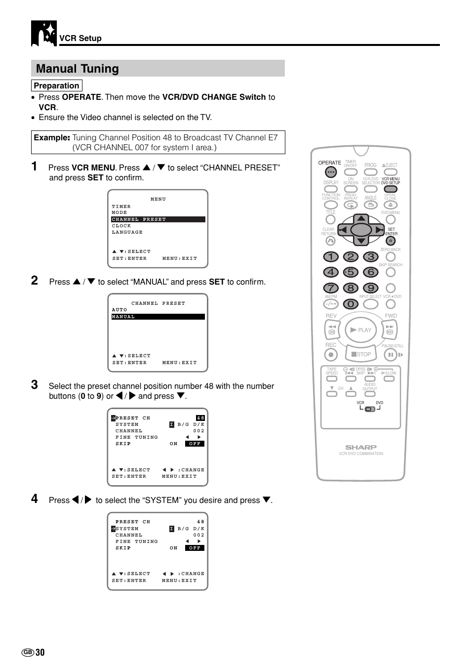 Manual tuning, Vcr setup | Sharp DV-NC70(RU) User Manual | Page 32 / 104